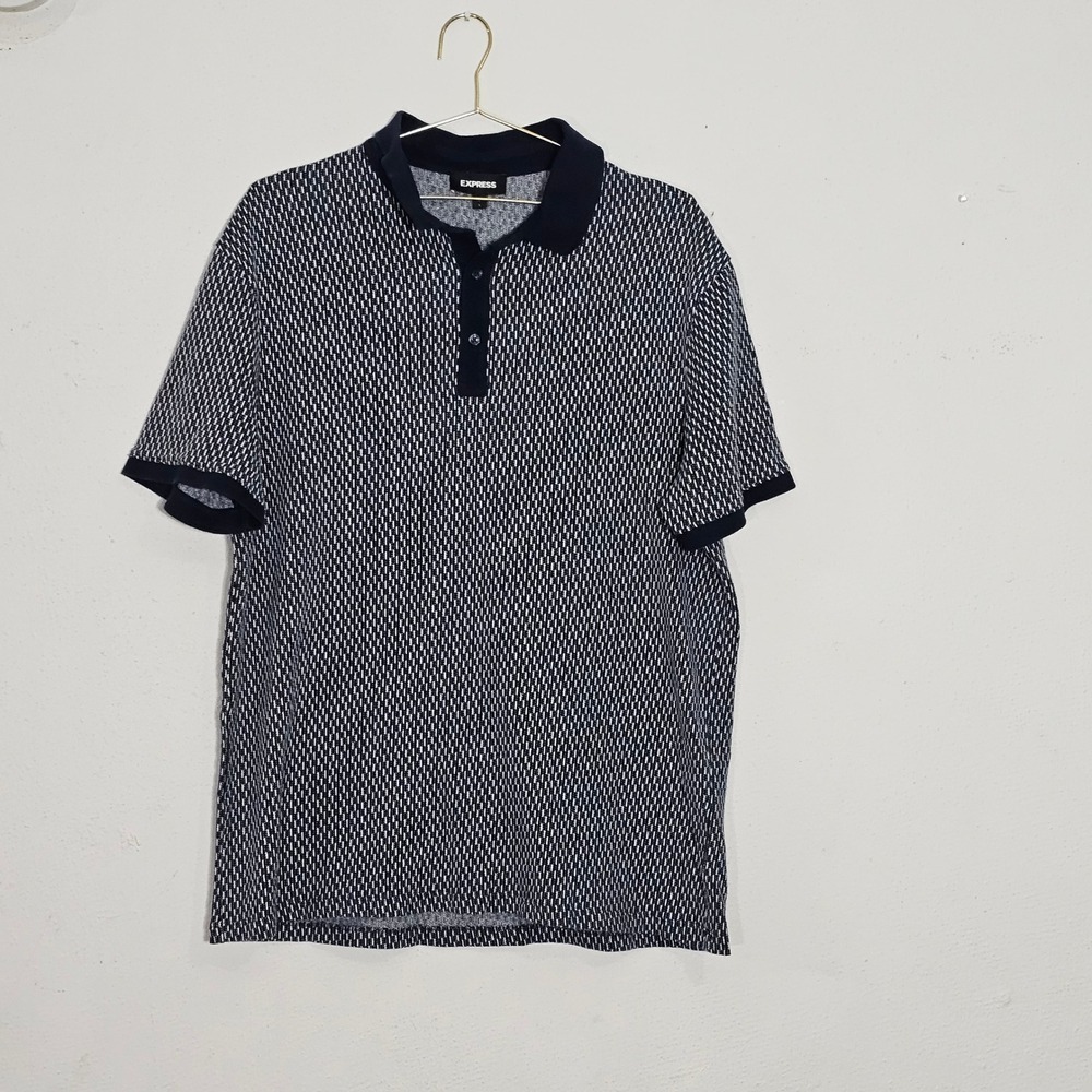 Express Mens Navy Blue White Geometric Knit Cotton Polo Shirt Large Short Sleeve